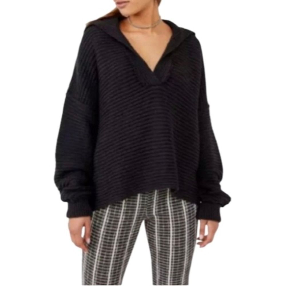 Free People Marlie Deep V Neck Ribbed Black Sweater Women SZ XS